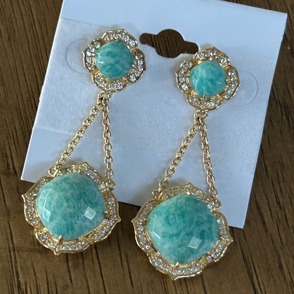 Rarities Carol Brodie Gold-Plated Cushion Amazonite & Zircon Drop Earrings Nwt - Picture 3 of 7
